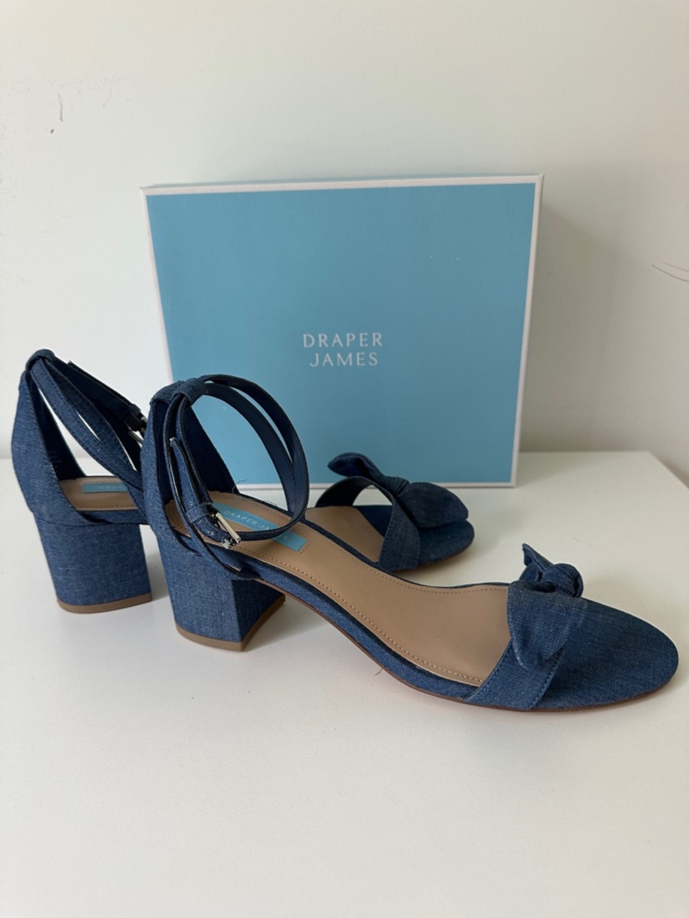Draper James Denim Knot Ankle-Strap Block Heels - Navy